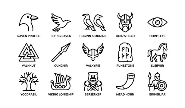 Norse mythology icons showing ravens, helmets and symbols