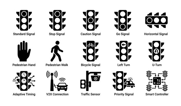 Traffic signal icons showing various signal types on white