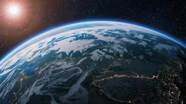 Earth from space sunrise with glowing city lights and swirling cloud atmosphere showcasing majestic