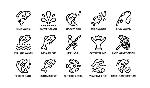 Fish and fishing action icons showing hooks nets and waves