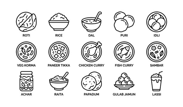Indian cuisine icons showing dishes arranged in grid on white