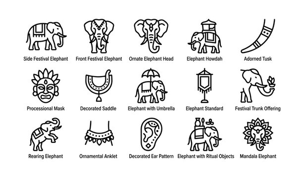 Decorated elephant icons showing festival ornaments and ritual motifs