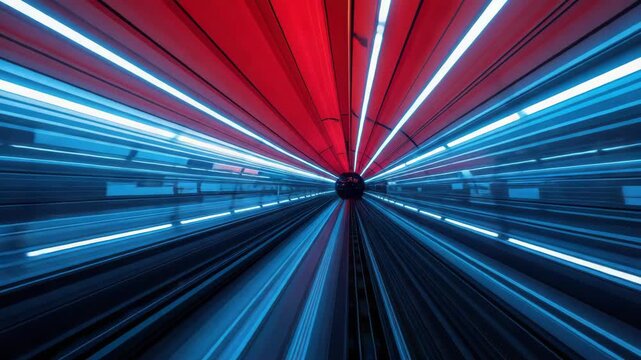 Futuristic tunnel with radial blue and red light streak motion perspective creating neon depth