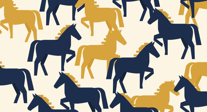 pattern of stylized horses in navy blue and gold on a cream background