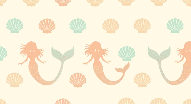 seamless pattern of cute mermaids and seashells in pastel colors kids underwater theme