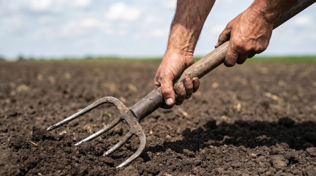 Close up of farmer hands holding an old rusty pitchfork while digging in dark fertile agricultural soil