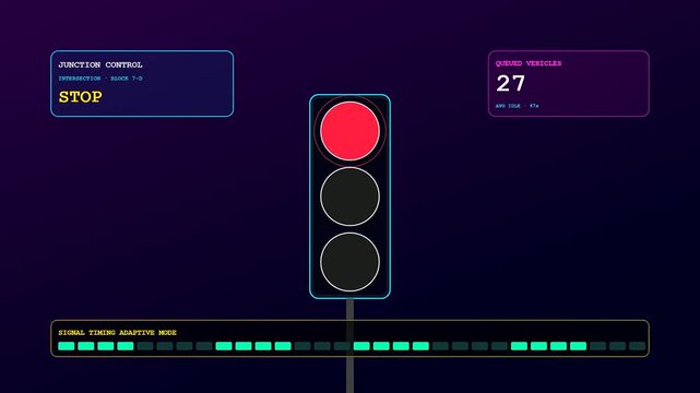 A sleek futuristic urban mobility dashboard depicting an animated traffic signal switching states between stop and flow while monitoring real time vehicle queue counts