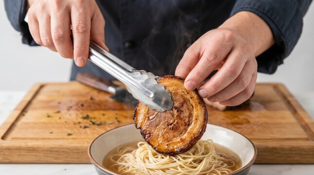 Chef using metal tongs to carefully place a slice of roasted chashu pork belly onto a bowl of ramen