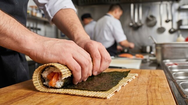 Sushi chef hands using a traditional bamboo mat to tightly roll a fresh salmon and rice maki roll