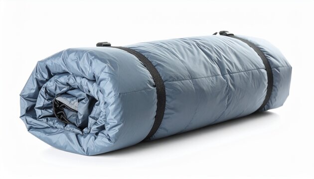 Rolled sleeping bag secured with straps