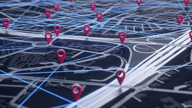 Interactive map with triangulated moving markers. 3D animation.