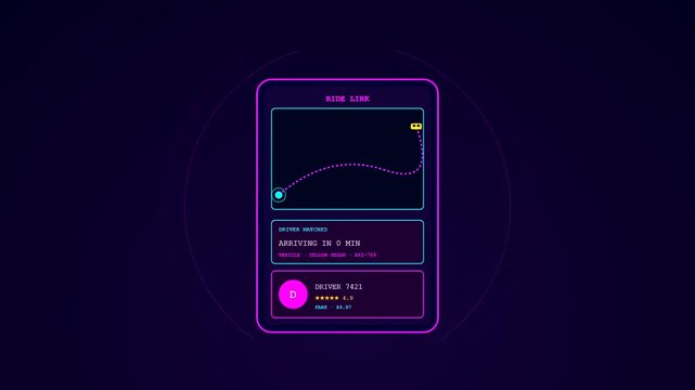 This neon urban mobility dashboard animates a yellow car gliding across a dark purple interface while the arrival timer counts down to zero