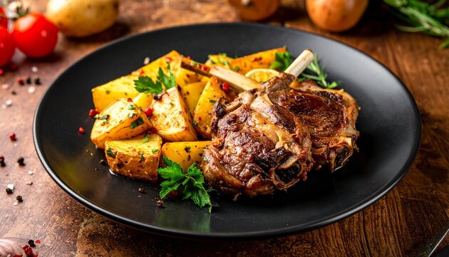 Rustic roasted meat and potatoes. Tender pieces of grilled lamb or beef served with seasoned roasted potatoes and parsley.