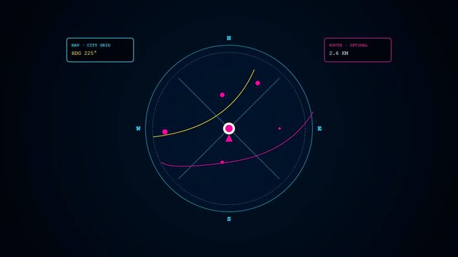 A sophisticated urban mobility dashboard featuring undulating magenta paths and glowing cyan concentric circles that track digital telemetry through a dark void space