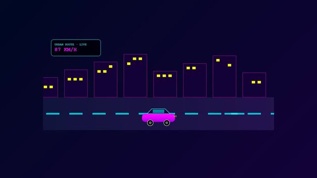 A stylized urban mobility dashboard displays a magenta car gliding through a neon city landscape against a dark violet sky in flat vector animation