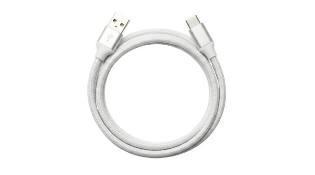 White braided USB C cable isolated on transparent background png