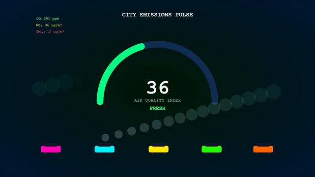 A sleek urban mobility dashboard displays changing air quality index values as the gauge shifts from yellow to green against a dark navy screen