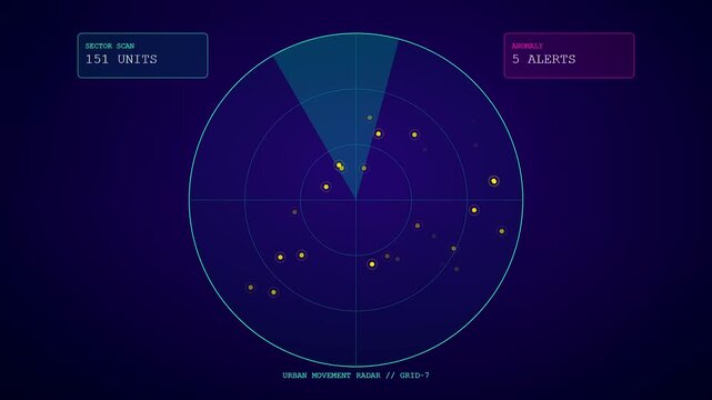 A glowing urban mobility dashboard animation displays rotating radar scans with yellow tracking markers and data readouts over a deep indigo holographic background surface