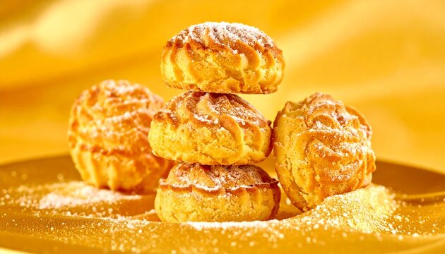 Stacked profiteroles. Delicious golden baked cream puffs arranged together with visible crisp texture for sweet cravings.