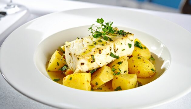 Baked white fish. Healthy cod fillet served with roasted potatoes, olive oil and fresh parsley.