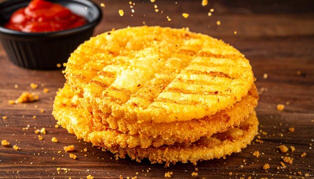 Toasted sweet corn arepa on dark background. Close-up photo of traditional Colombian cachapa or arepa de choclo pancake.