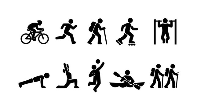 A collection of silhouette icons depicting various recreational activities like cycling, running, hiking, rollerblading, yoga, and kayaking.
