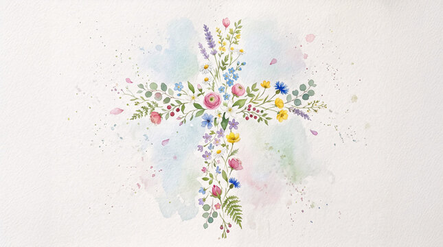 Floral christian cross made of small flowers watercolor pastel religious illustration
