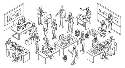 Naklejka premium business people and office workers engaging in teamwork and collaboration managing projects and strategy in an isometric office.