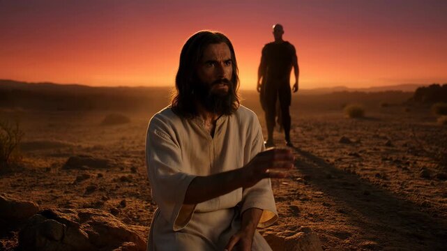 Jesus Christ kneeling in the desert during temptation. Man facing a dark silhouette of Satan in a barren landscape. Biblical reenactment of the trial and spiritual test.