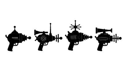 Obraz premium Vector illustration of set of retro ray guns, vintage scifi space blasters, futuristic alien weapon silhouettes on a transparent background