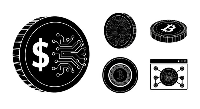 Vector illustration of set of digital currency icons, bitcoin and dollar coins with circuit board patterns on a transparent background