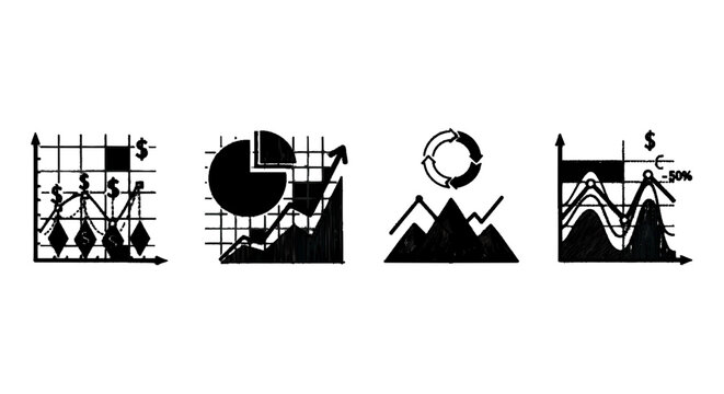 Vector illustration of set of hand drawn business and finance charts and graphs icons on a transparent background