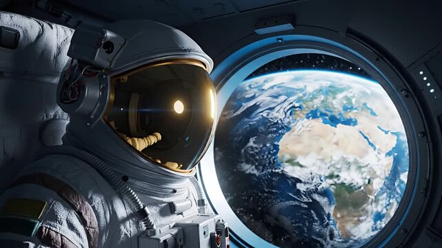 Astronaut in Spacesuit Gazing at Earth from Space Station Window.
