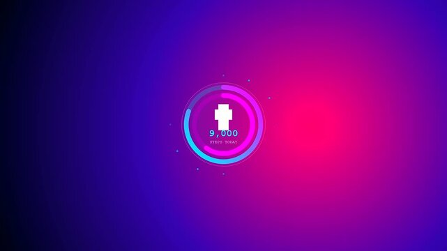 A futuristic digital interface for smartwatch health tracking exhibits a glowing neon progress ring filling up as daily step counts increase rapidly and dynamically