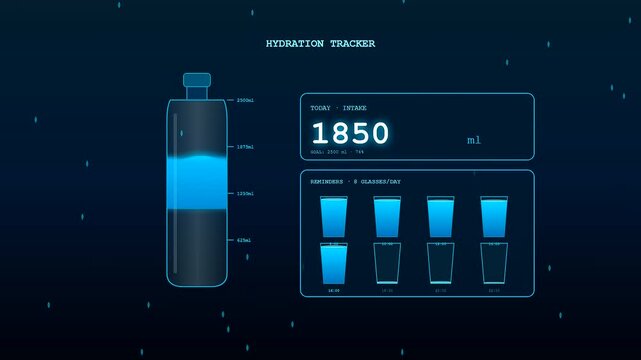 A futuristic Smartwatch Health Tracking interface demonstrating a dynamic water hydration monitor with fluid animations and increasing numerical data for daily wellness goal monitoring