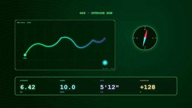 This avant garde interface for Smartwatch Health Tracking visualizes a kinetic outdoor run trajectory with evolving distance metrics and precise navigational data on grids