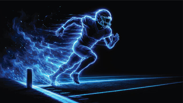 Neon blue soccer sprinter with electric speed trail and glowing field line, futuristic football action