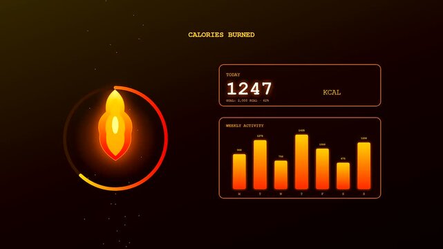 A sophisticated Smartwatch Health Tracking interface animates glowing orange metrics as calories burned increase dynamically on a sleek dark futuristic digital fitness dashboard layout