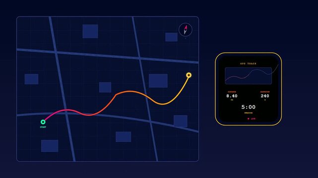 An intricate digital visualization of Smartwatch Health Tracking displaying a luminous trajectory across a stylized nocturnal cityscape to analyze biometric data and athletic endurance