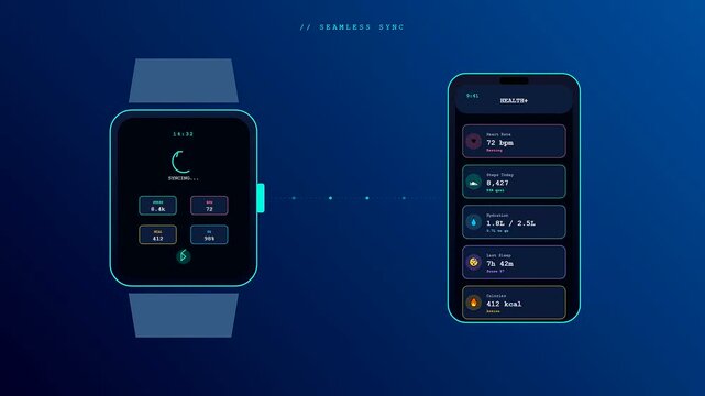 A seamless integration of smartwatch health tracking data synchronizing across a mobile device displaying vital biometric metrics within a futuristic neon dark blue digital interface