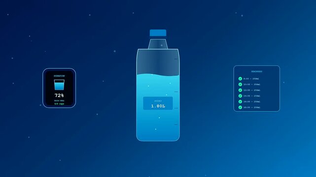 A futuristic animation showcasing Smartwatch Health Tracking as a virtual water bottle fills incrementally to visualize daily hydration goals and biological wellness monitoring progress