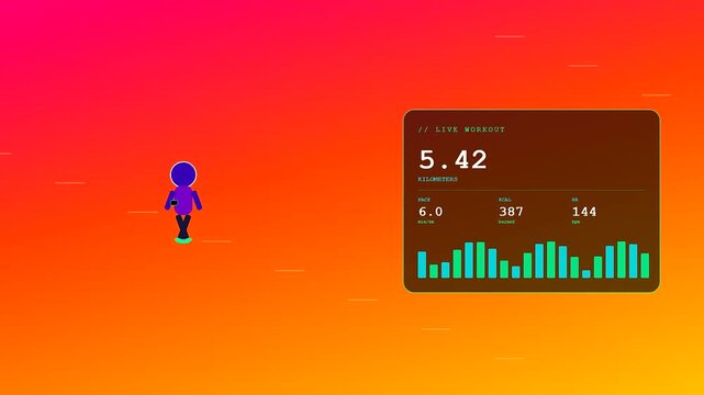 Integrating Smartwatch Health Tracking into a vibrant minimalist animation where a stylized purple figure engages in athletic movement while real time biometric data updates continuously