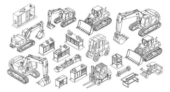 isometric line art of construction machinery industrial equipment excavators bulldozers and forklifts.