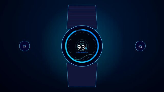 A futuristic digital interface showcasing Smartwatch Health Tracking with neon blue graphics pulsating as oxygen saturation levels fluctuate across a sleek holographic wearable device screen