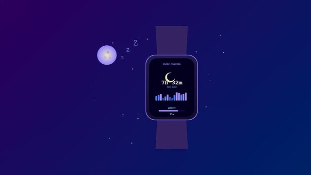 A sophisticated smartwatch health tracking animation featuring nocturnal data visualization and sleep cycle analysis set against a deep cosmic indigo environment for wellness applications