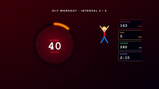 An innovative smartwatch health tracking interface displays real time biometric data during an intense high intensity interval training session with dynamic timers and calorie counters