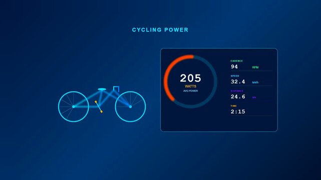 This futuristic interface for smartwatch health tracking displays dynamic cycling power metrics including wattage and cadence across a sleek digital dashboard for athletes