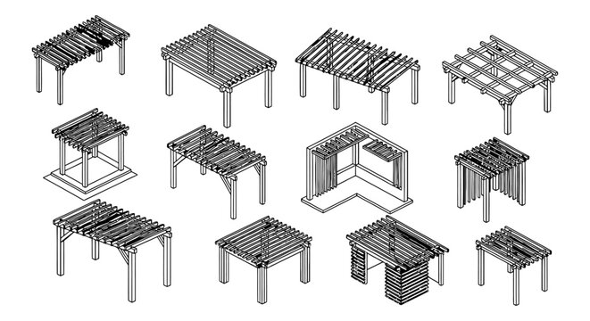 collection of various architectural pergola and garden structure designs illustrated as line art for outdoor living and patio cover projects.