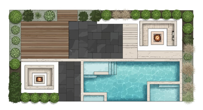 backyard design landscape plan showcasing a luxurious swimming pool fire pit and modern outdoor living space ideal for property development.
