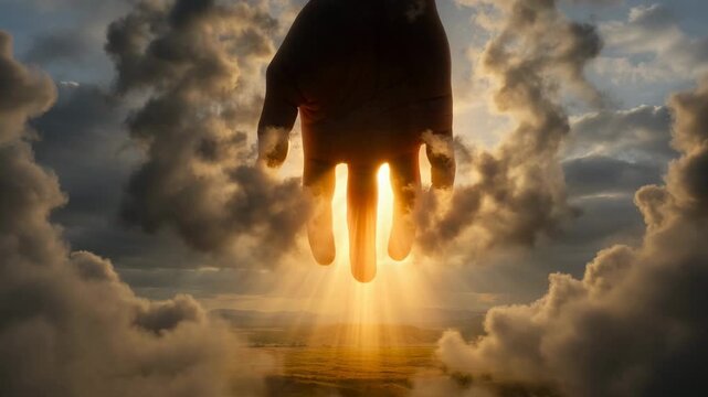 Giant hand reaching through dark clouds with divine light radiating down. Biblical concept of God reaching out to earth. Spiritual salvation and heaven background.